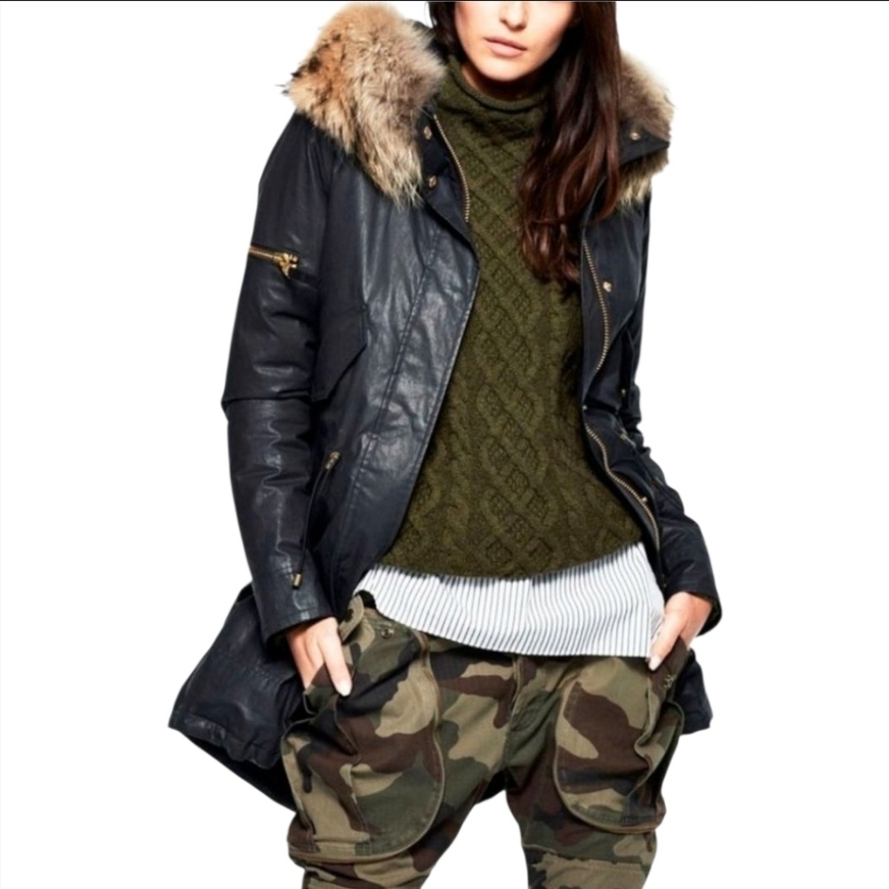 SAM. | Hudson Waxed Canvas Utility Parka Coyote Fur Trim Hood Black Size S